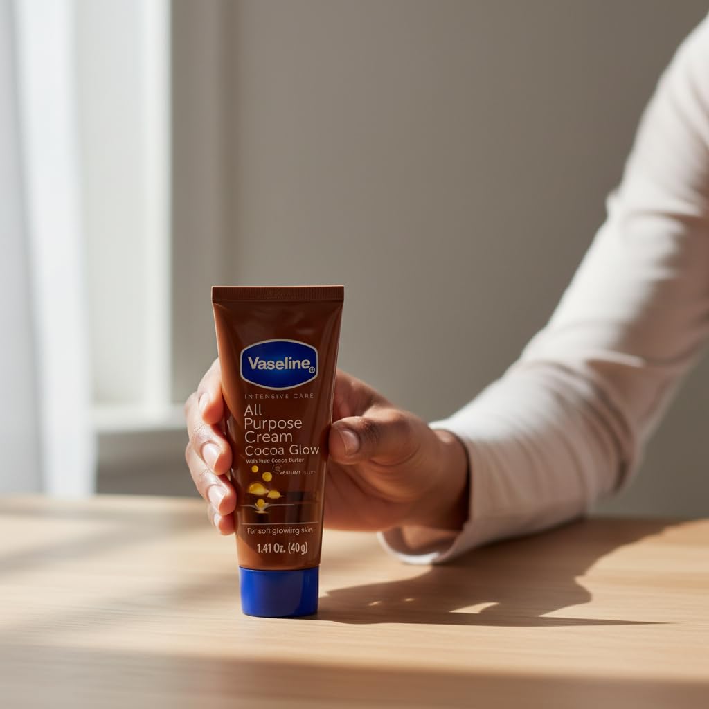 Cream swatch reveals cocoa butter-infused smooth Vaseline Cocoa Glow.