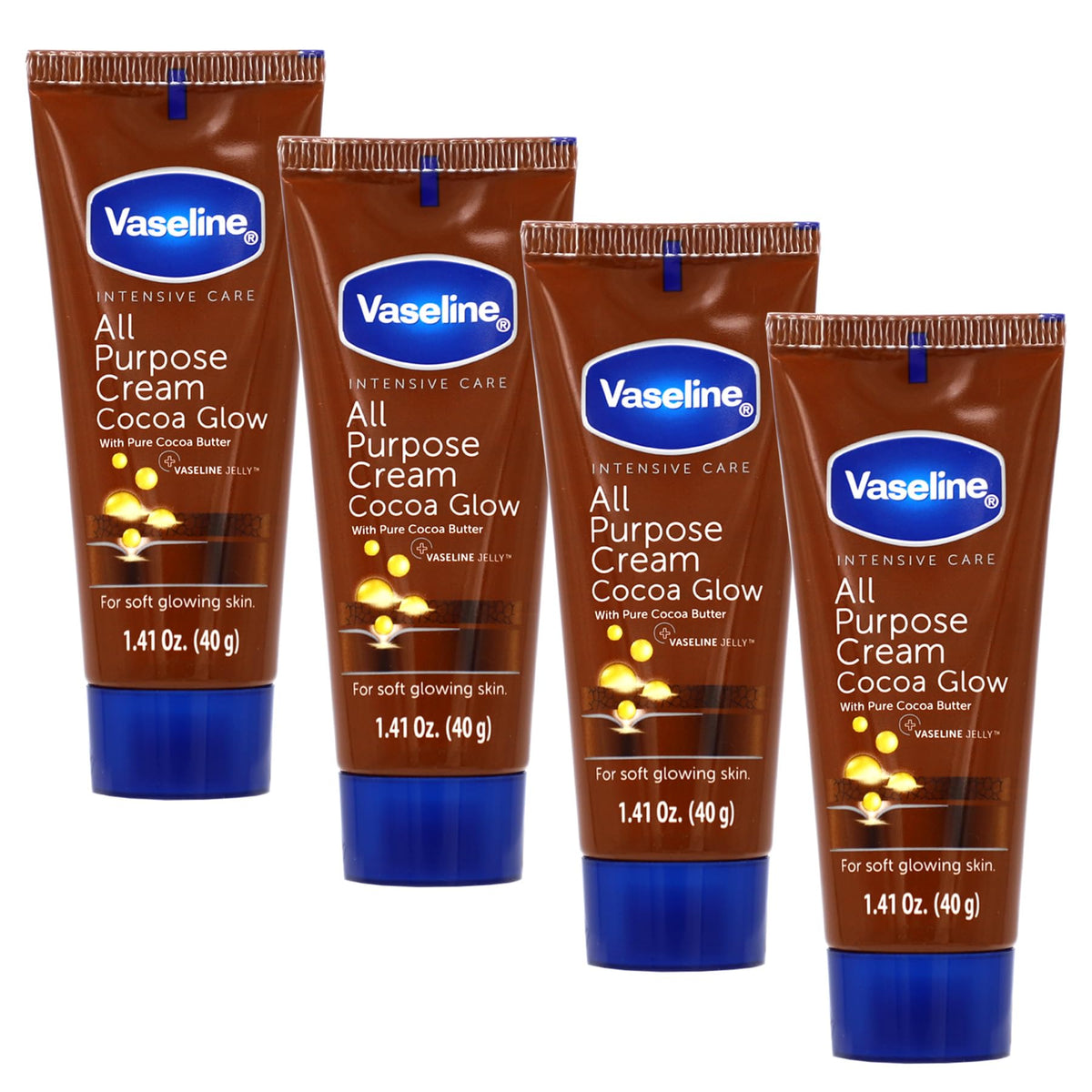 Vaseline Cocoa Glow cream tubes in a 4-pack for daily moisturization.