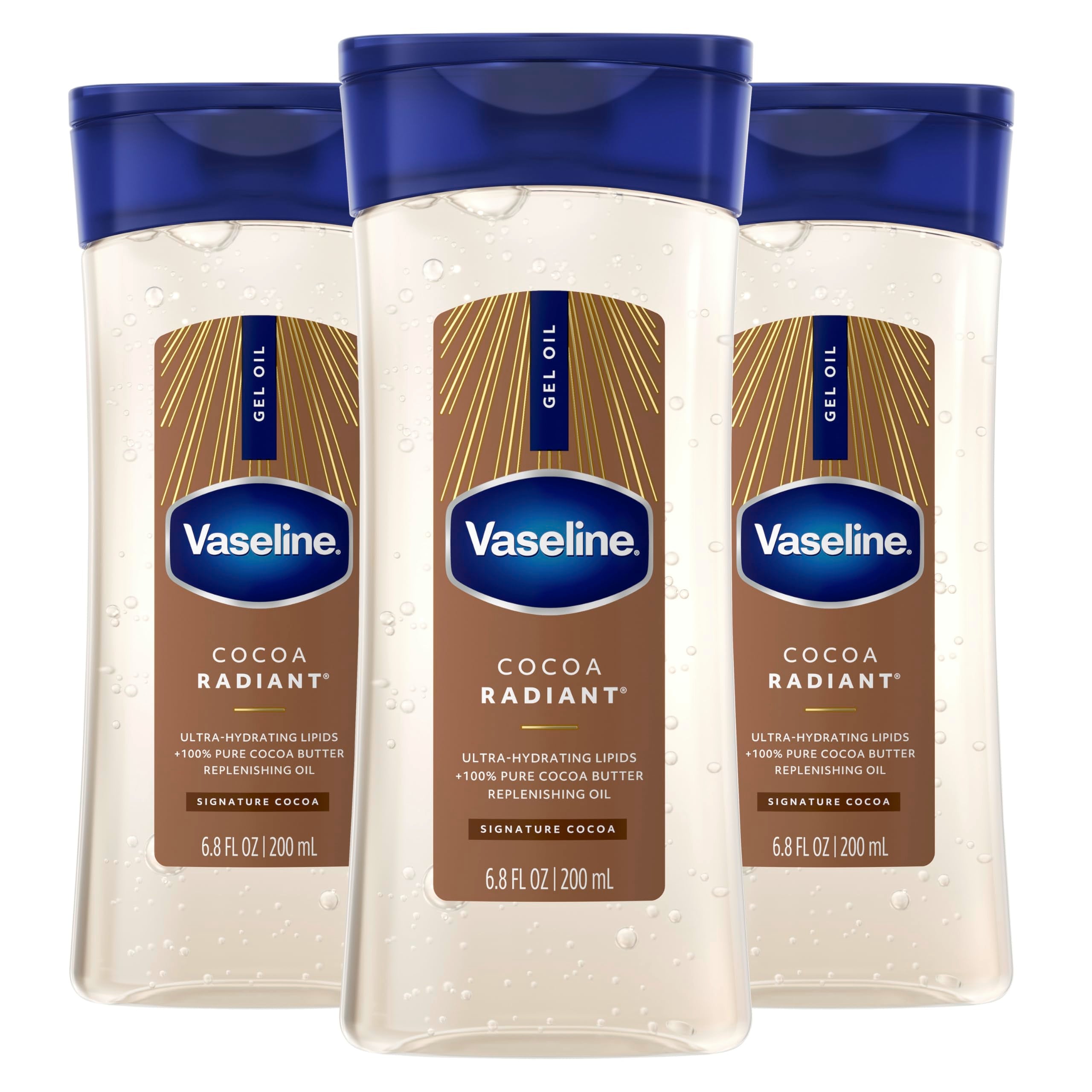 Vaseline Cocoa Radiant bottle shows cocoa butter for deep hydration