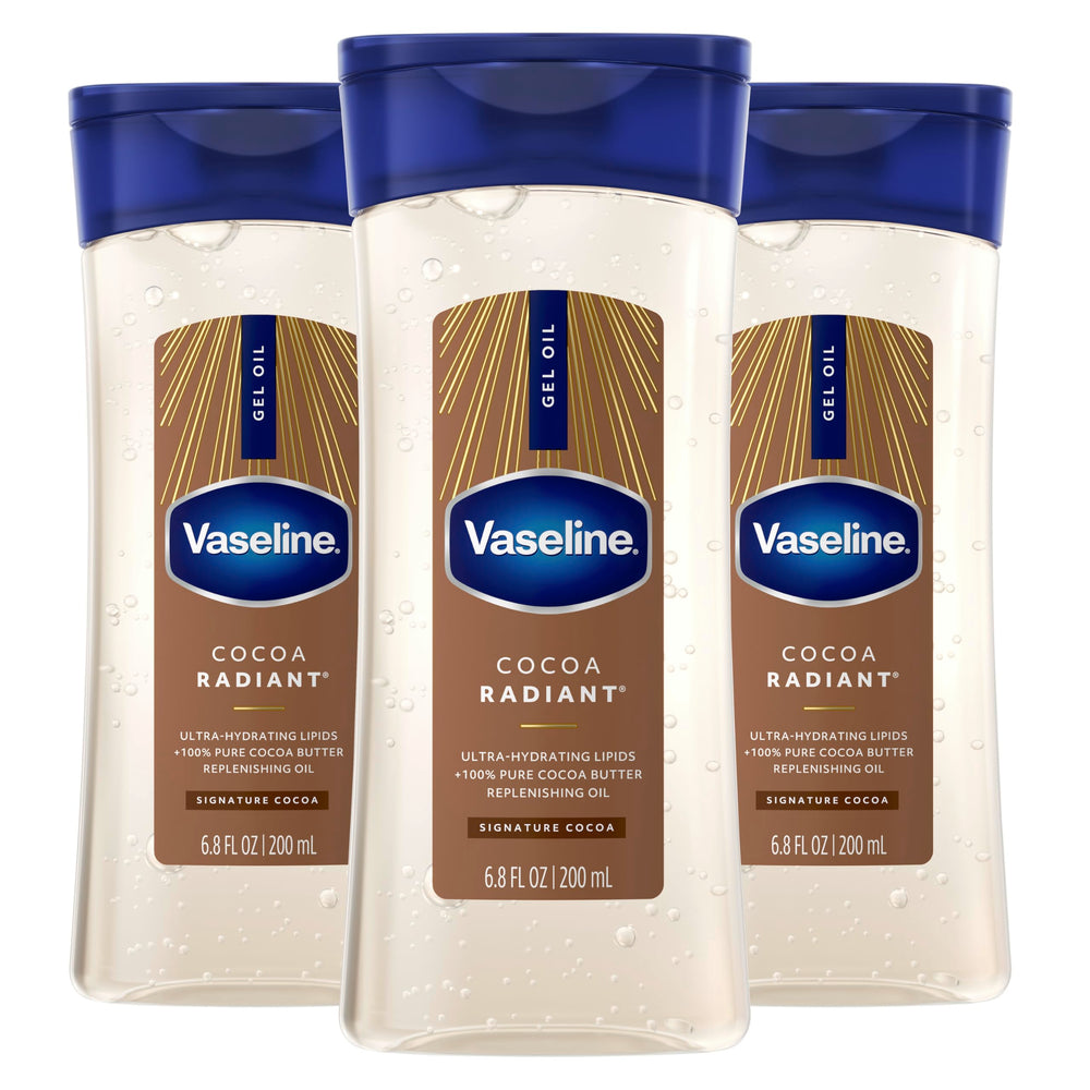 Vaseline Cocoa Radiant bottle shows cocoa butter for deep hydration
