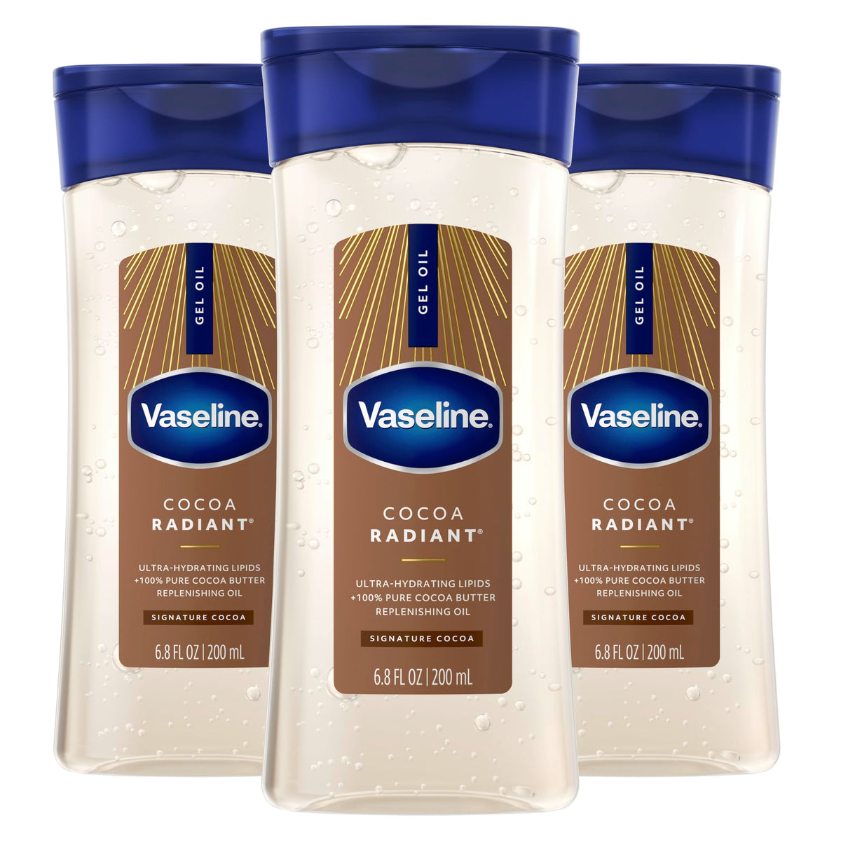 Vaseline Cocoa Radiant bottle shows cocoa butter for deep hydration