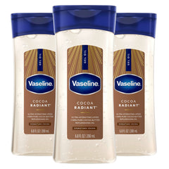 Vaseline Cocoa Radiant bottle shows cocoa butter for deep hydration
