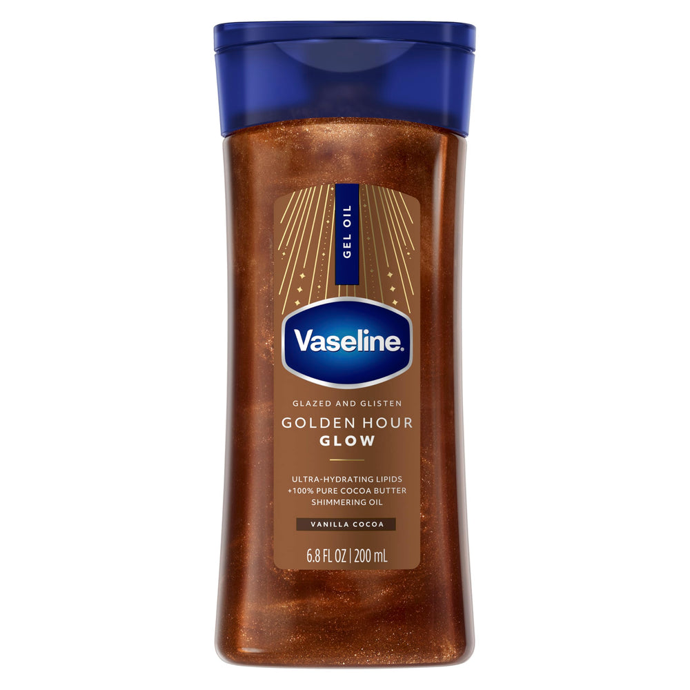 Vaseline Glazed & Glisten bottle with golden hour shimmer for radiant skin.