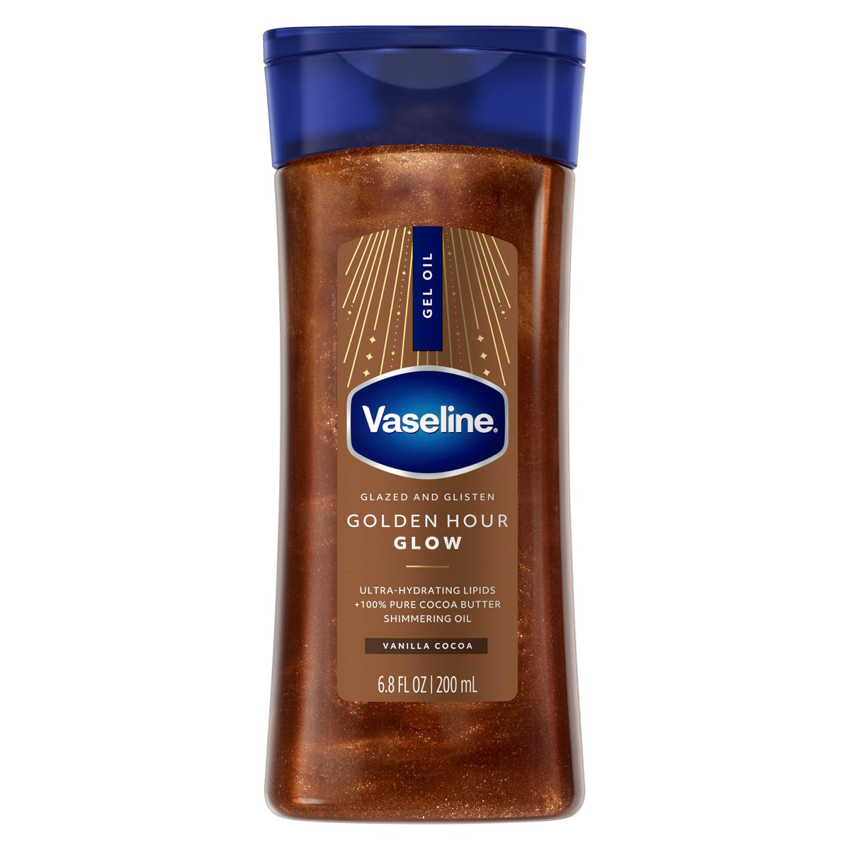 Vaseline Glazed & Glisten bottle with golden hour shimmer for radiant skin.
