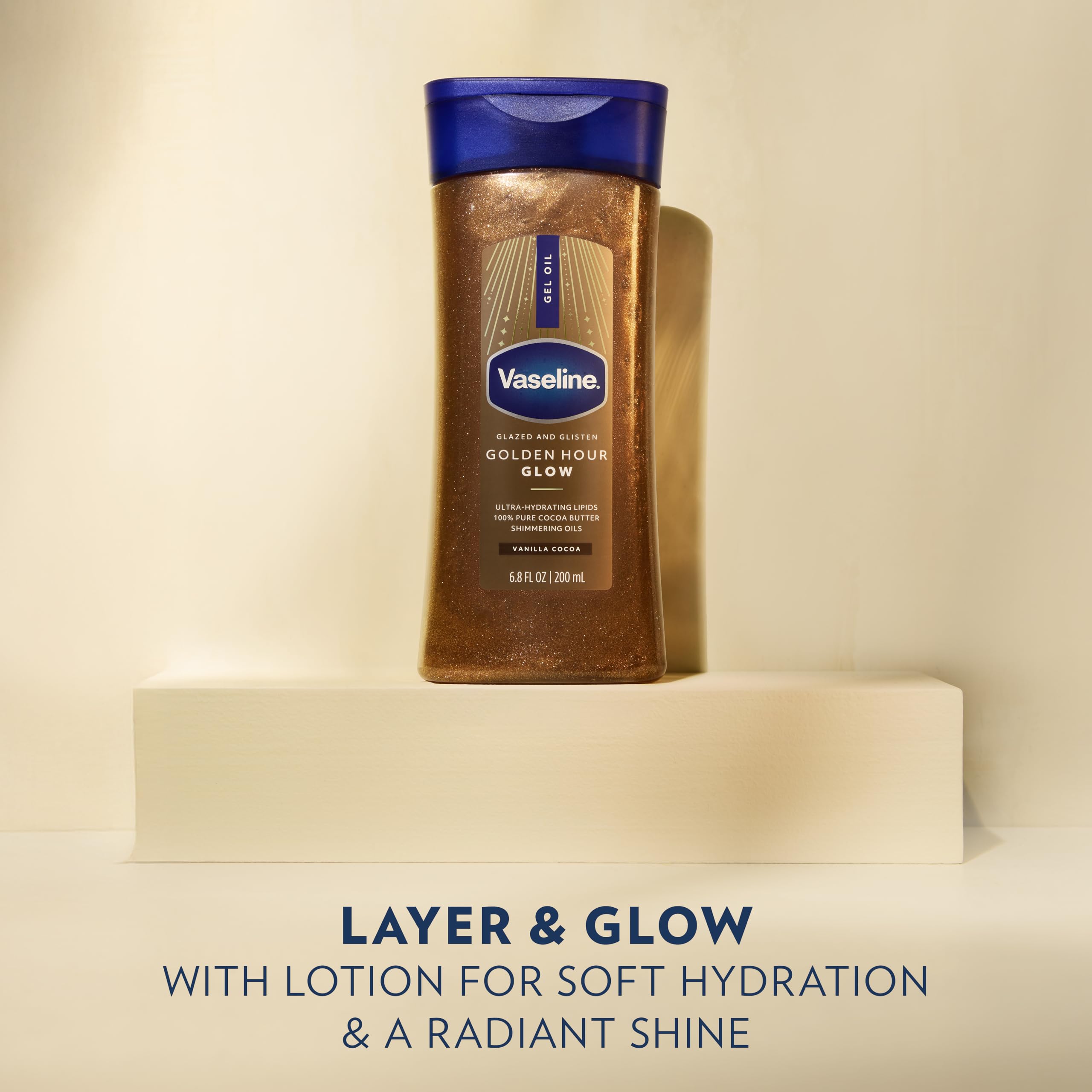 Skin carries warm vanilla and cocoa fragrance from Vaseline Glazed & Glisten.