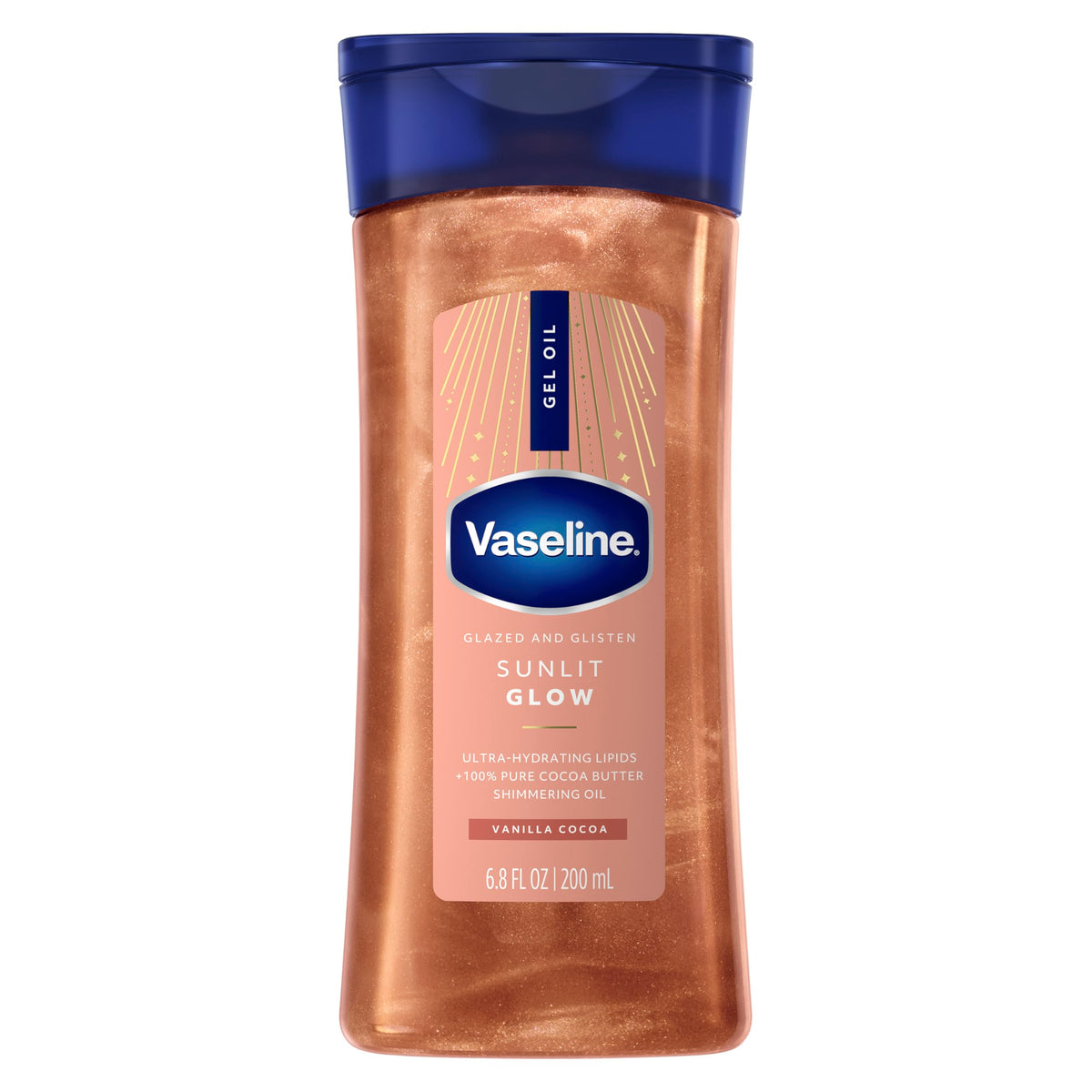 Vaseline Glazed and Glisten bottle glows with sunlit shimmer for radiant skin.