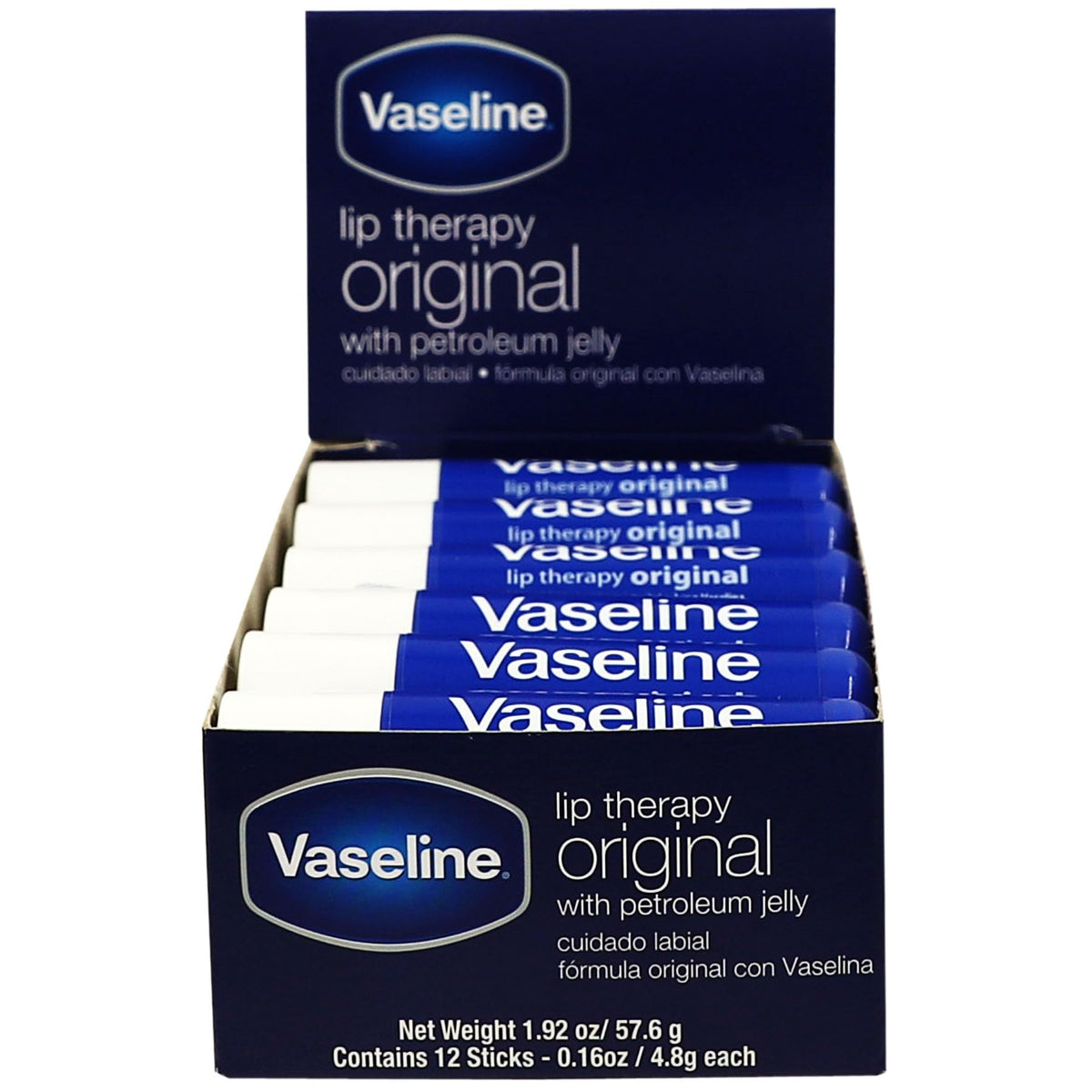 Vaseline Lip Original 12-pack box front for on-the-go hydration.
