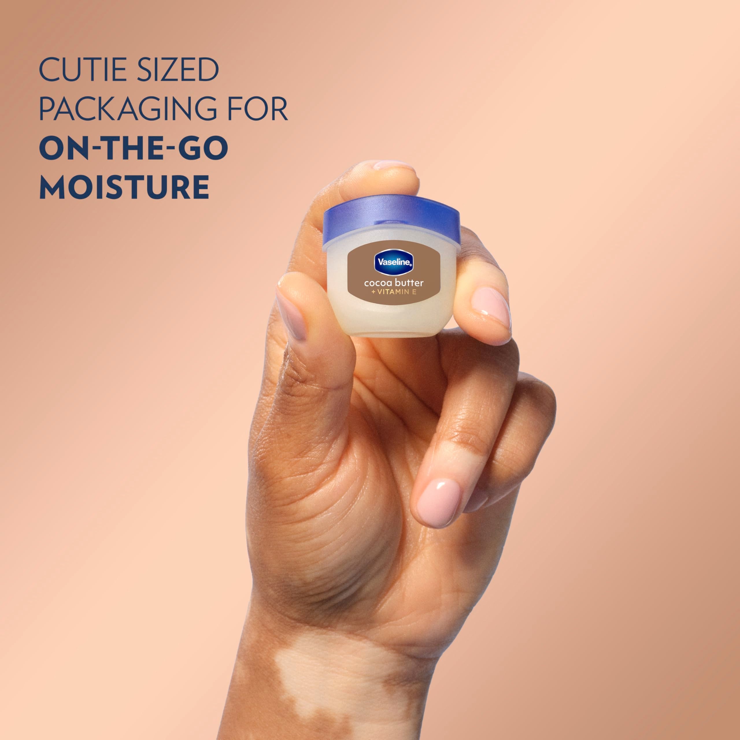 Vaseline Lip Therapy Cocoa Butter Mini fits in pocket for daily moisture.