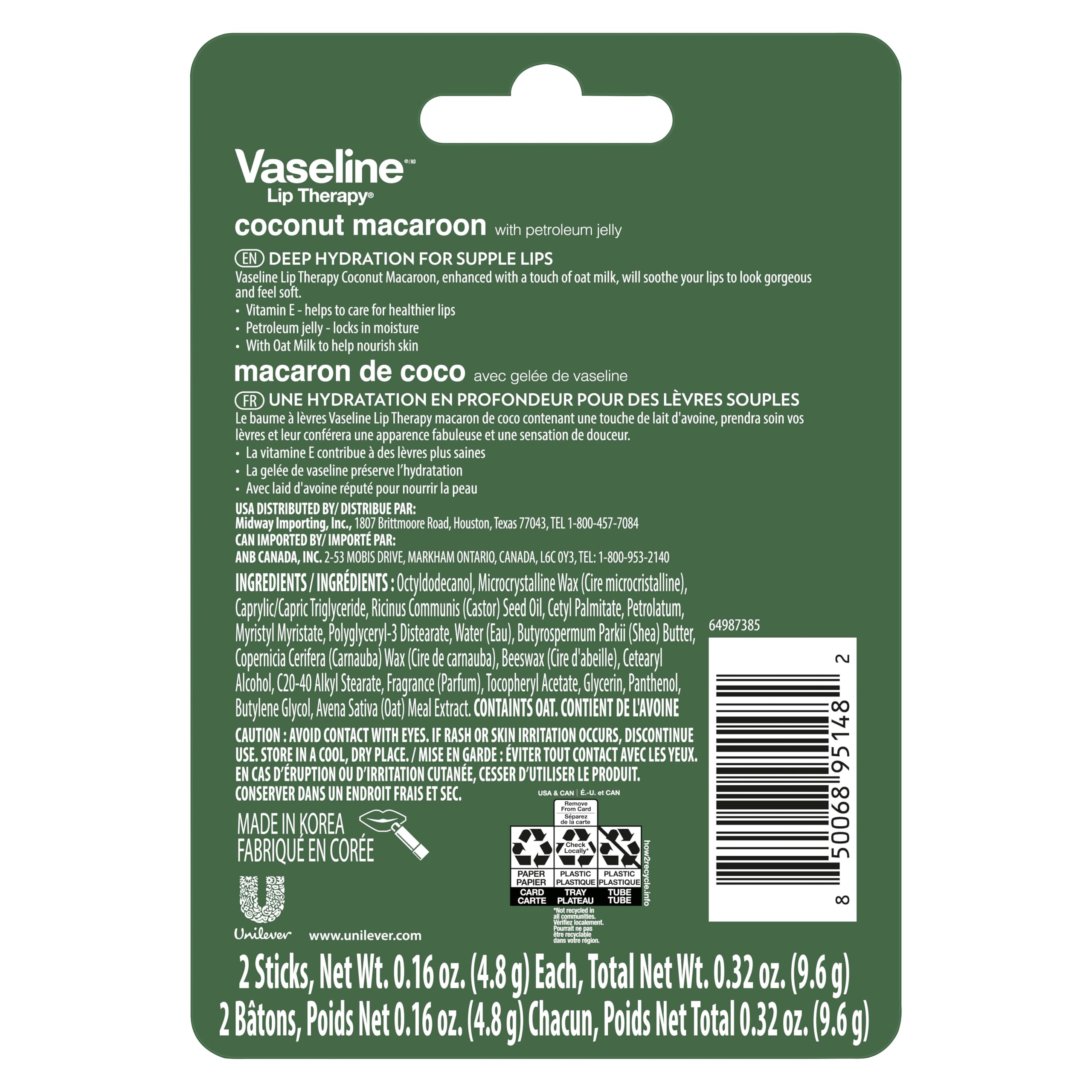 Vaseline Lip Therapy Holiday Coconut Macaroon stick closed for travel use