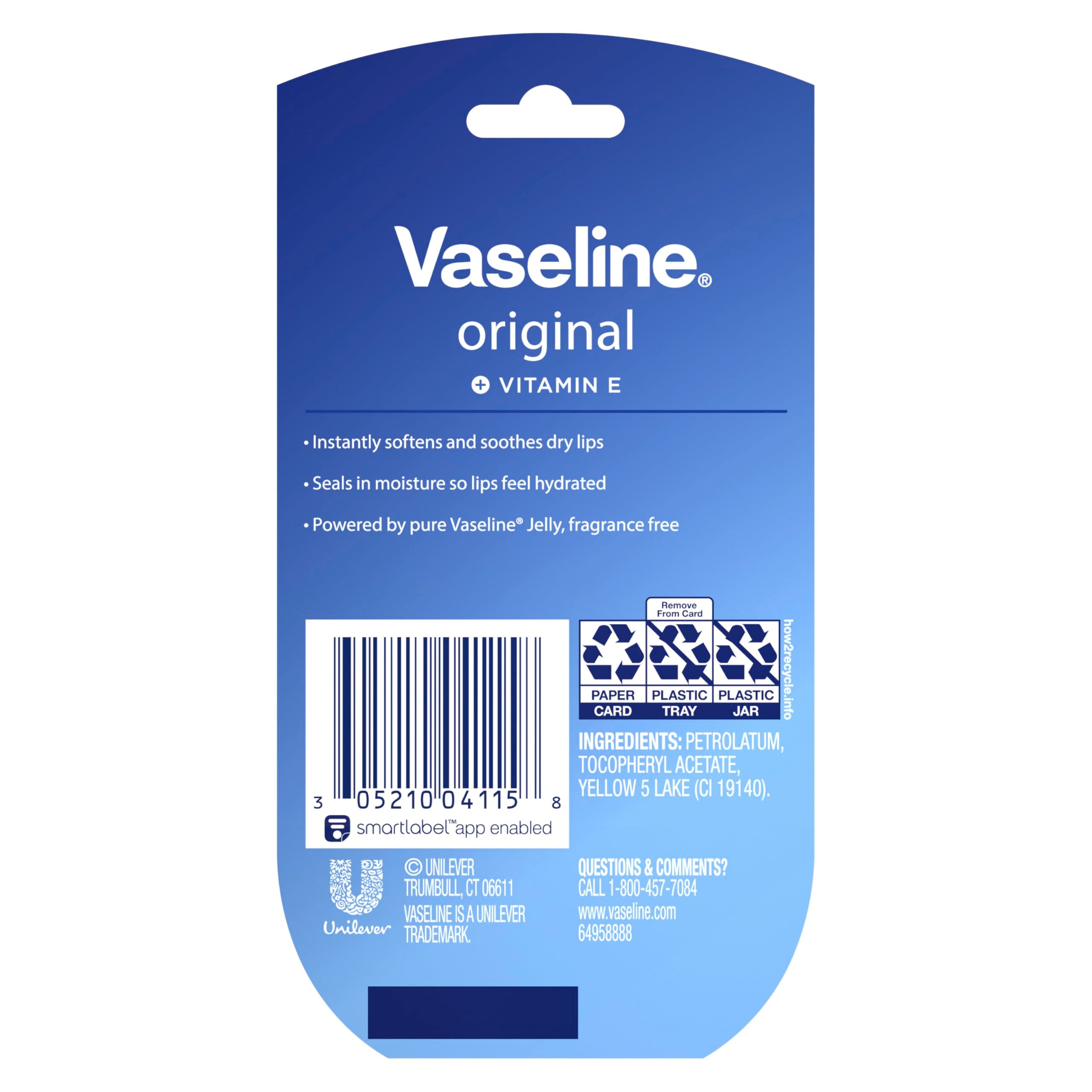 Vaseline Lip Therapy Original Mini two-pack back packaging shows ingredients and usage.
