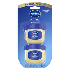 Vaseline Lip Therapy Original Mini two-pack front packaging for on-the-go hydration.