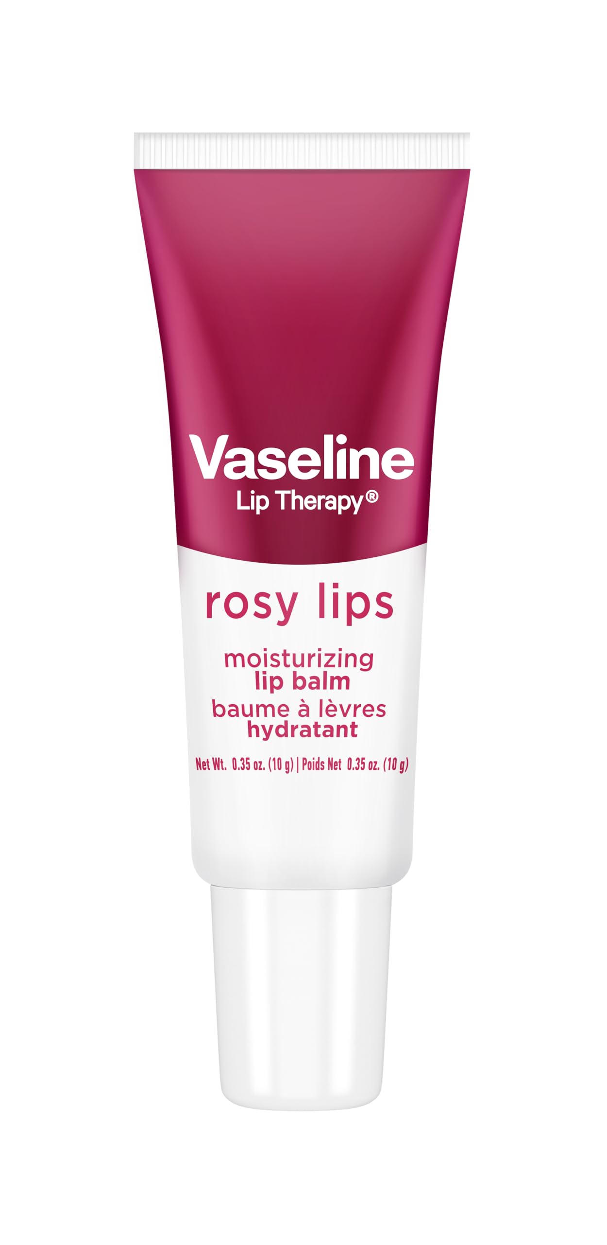 Vaseline Lip Therapy Rosy Lips balm on lips demonstrates soft rosy tint.