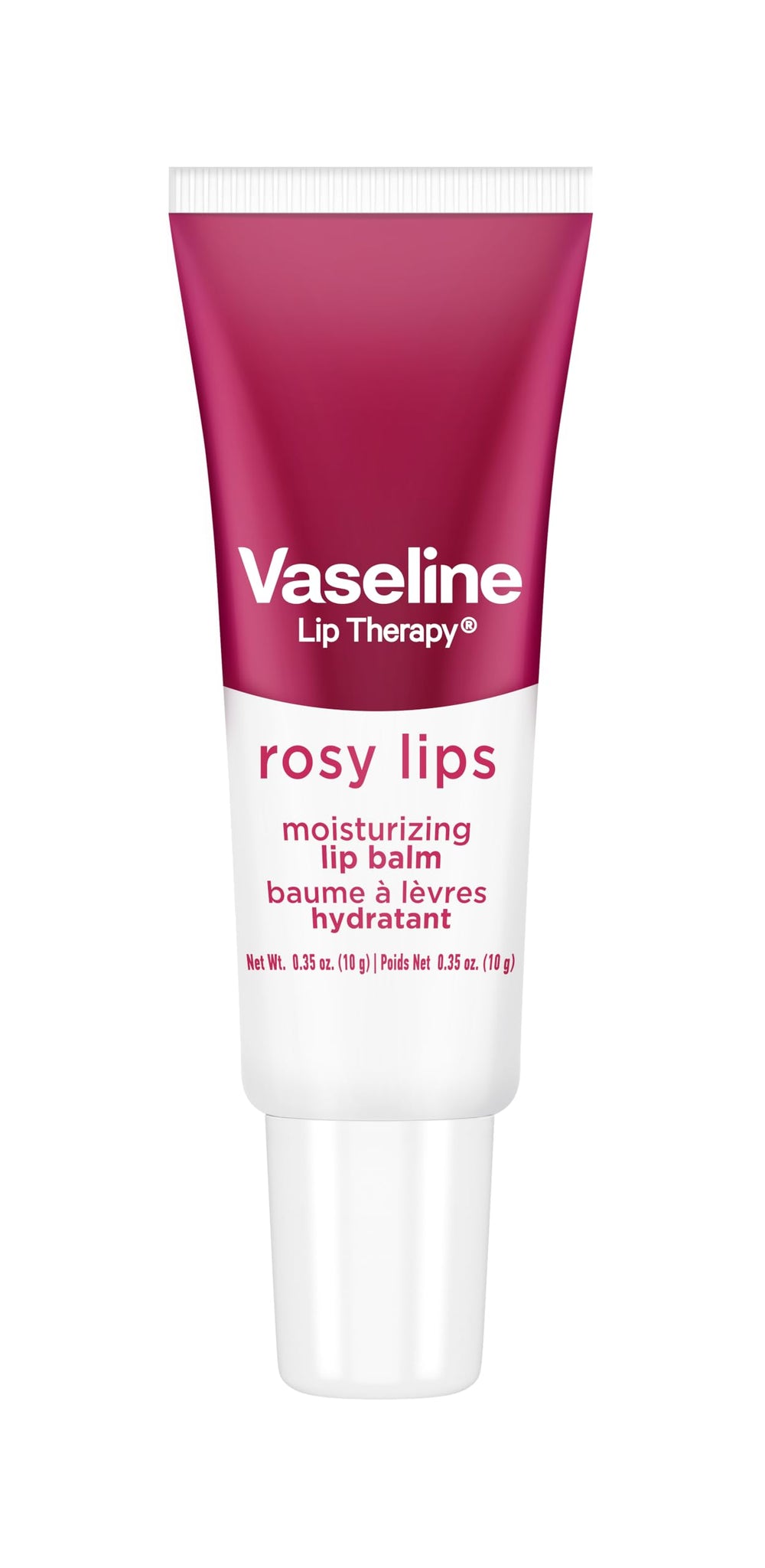 Vaseline Lip Therapy Rosy Lips balm on lips demonstrates soft rosy tint.