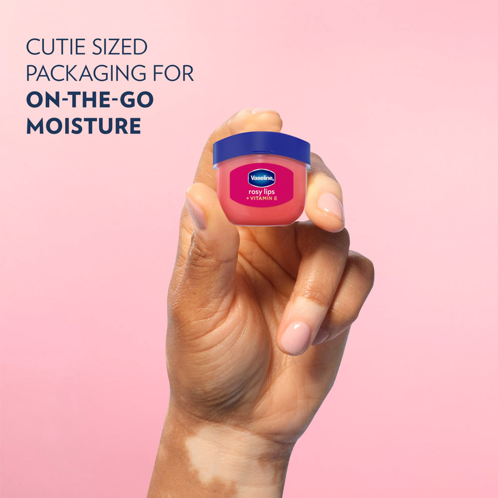 Vaseline Lip Therapy Rosy Lips Mini texture close-up shows smooth, comfortable glide.