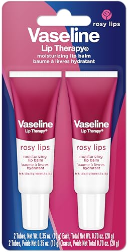 Vaseline Lip Therapy Rosy Lips tube cap visible highlights portable moisture on the go.
