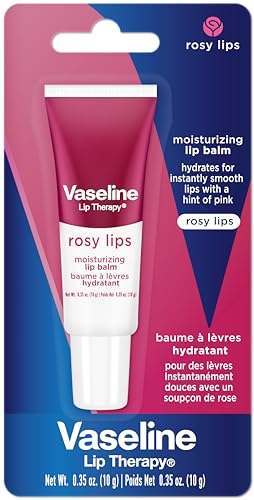 Vaseline Lip Therapy Rosy Lips tube side view emphasizes compact carry for daily use.