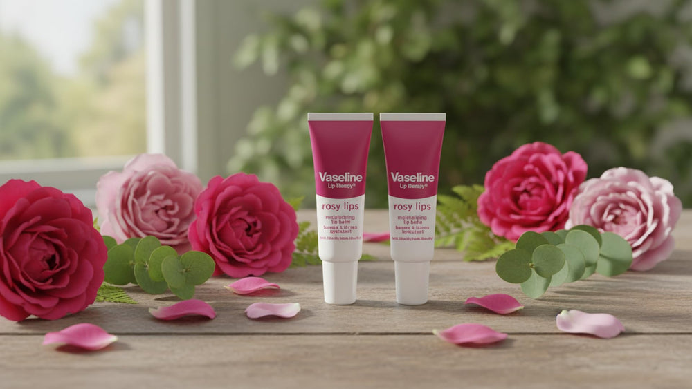 Vaseline Lip Therapy Rosy Lips twin-pack box indicates value and long-lasting moisture.