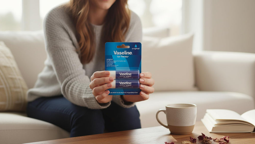 Vaseline Lip Therapy six-pack display on a clean counter