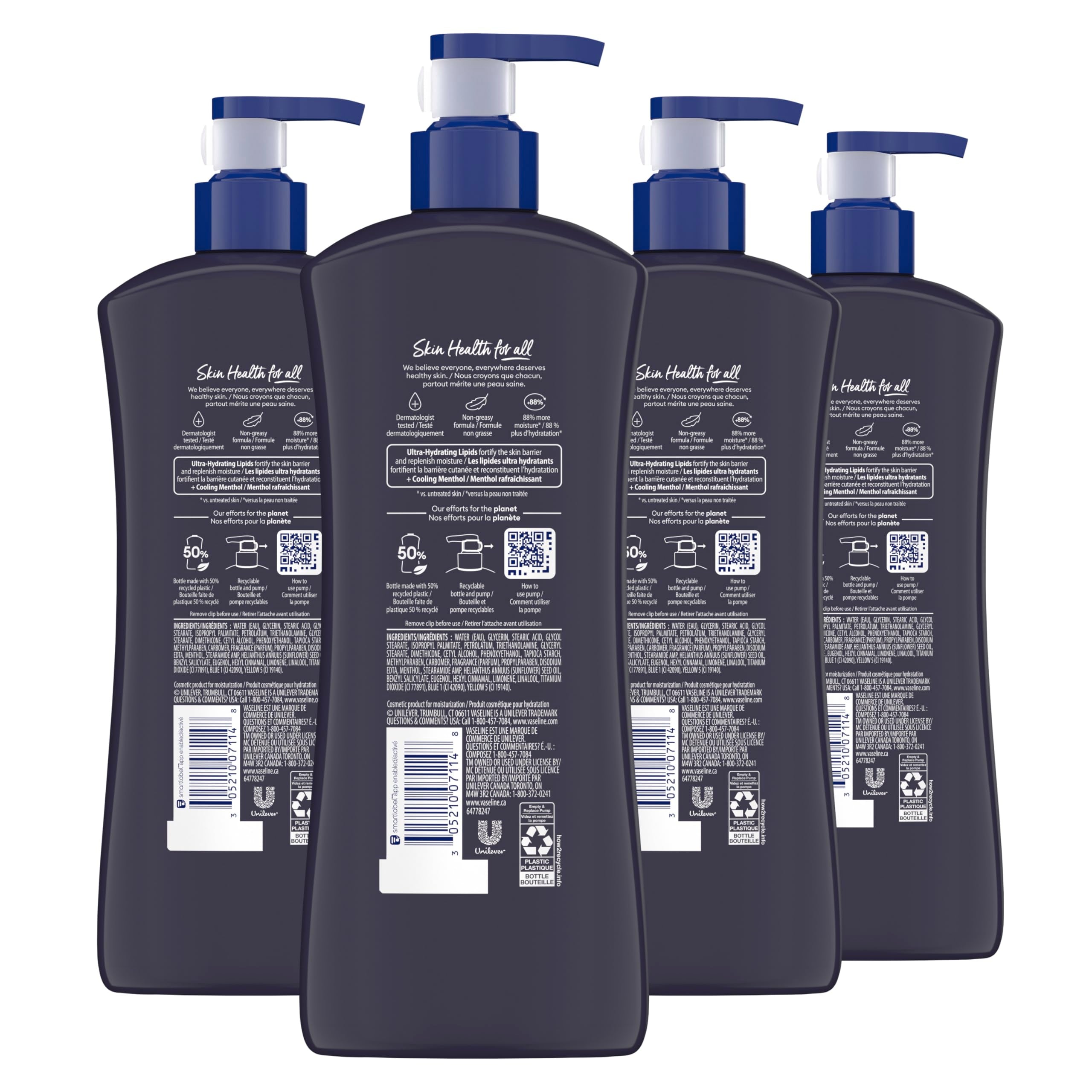 Vaseline Men Cooling Hydration back label highlights ultra-hydrating lipids and moisture lock