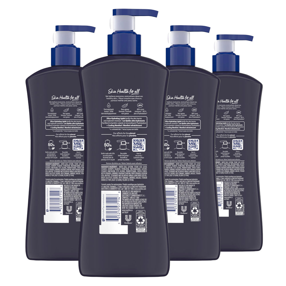 Vaseline Men Cooling Hydration back label highlights ultra-hydrating lipids and moisture lock