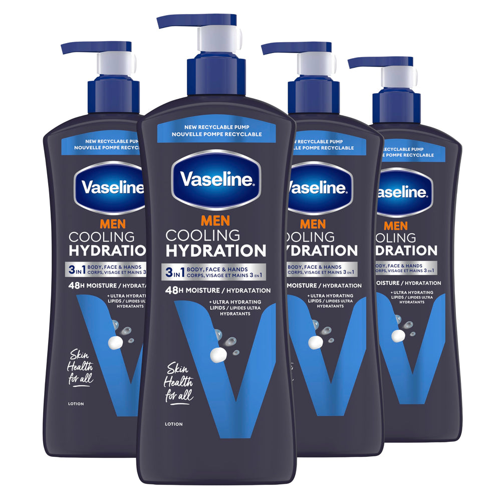 Vaseline Men Cooling Hydration bottle front view showing menthol cooling for refreshed skin