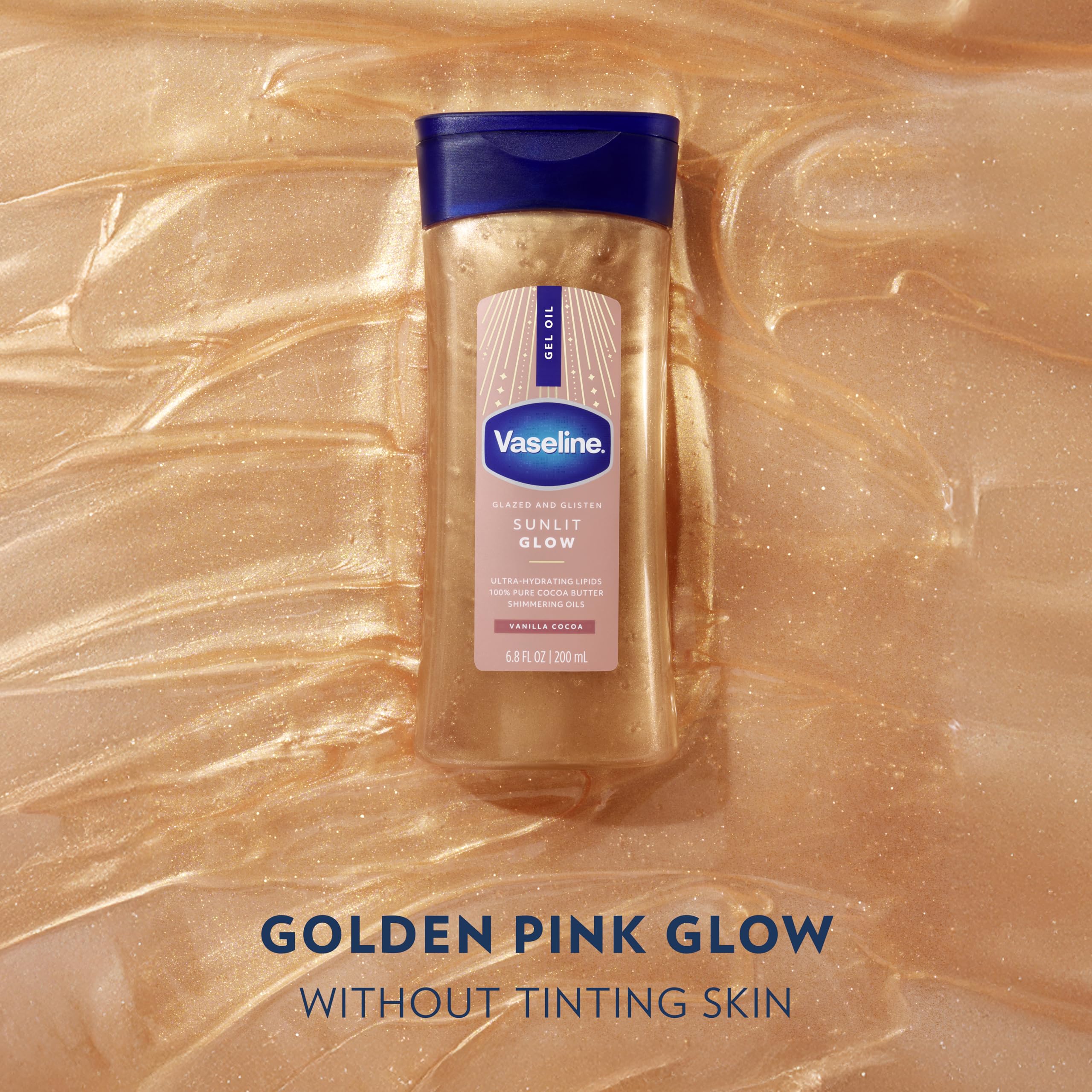 Vaseline peachy champagne shimmer application on skin enhances glow.