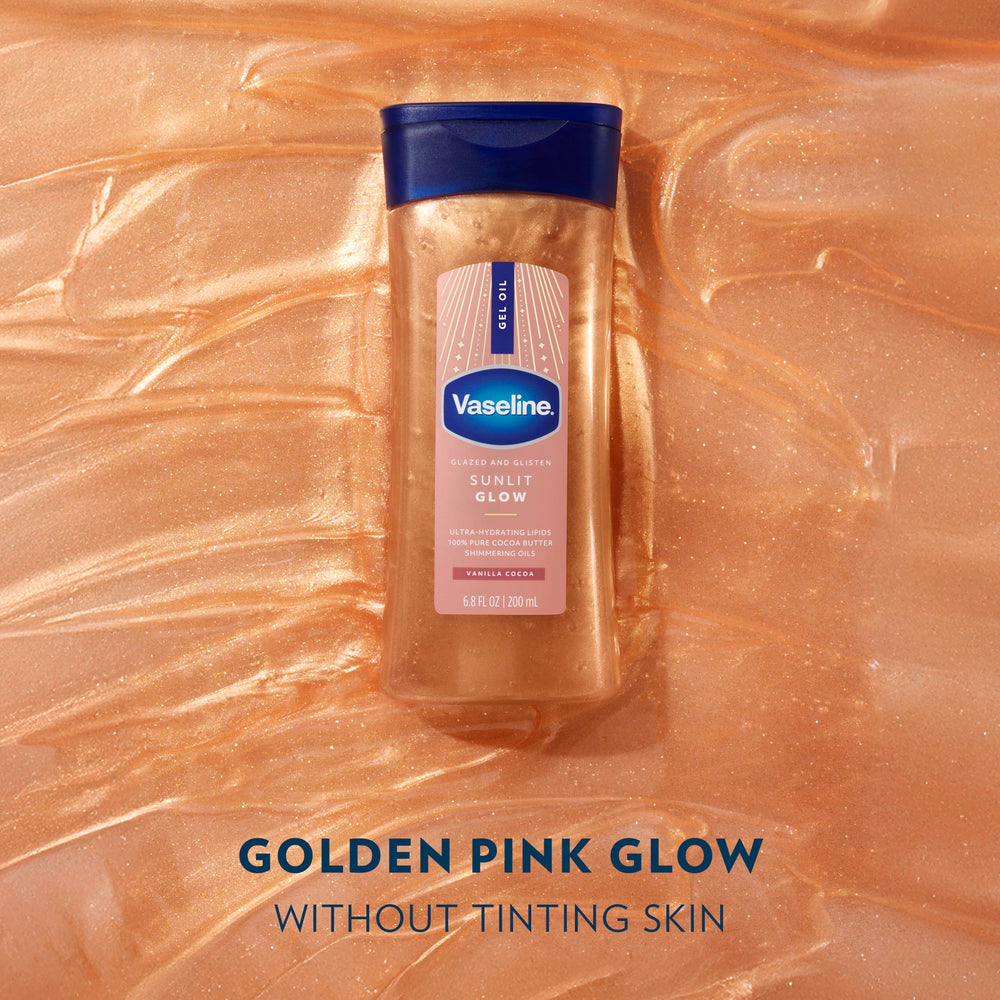 Vaseline peachy champagne shimmer application on skin enhances glow.