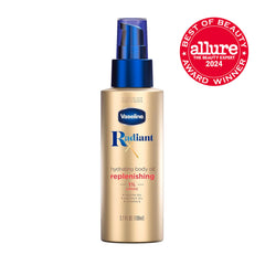 Vaseline Radiant X Replenishing Hydrating Body Oil texture close-up shows non-sticky feel