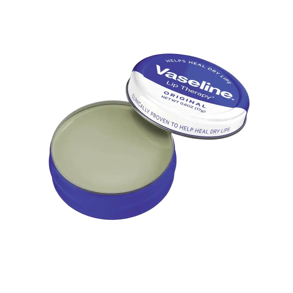 Vaseline Lip Therapy Tin Original—open tins show moisturizing formula and glossy lip shine.