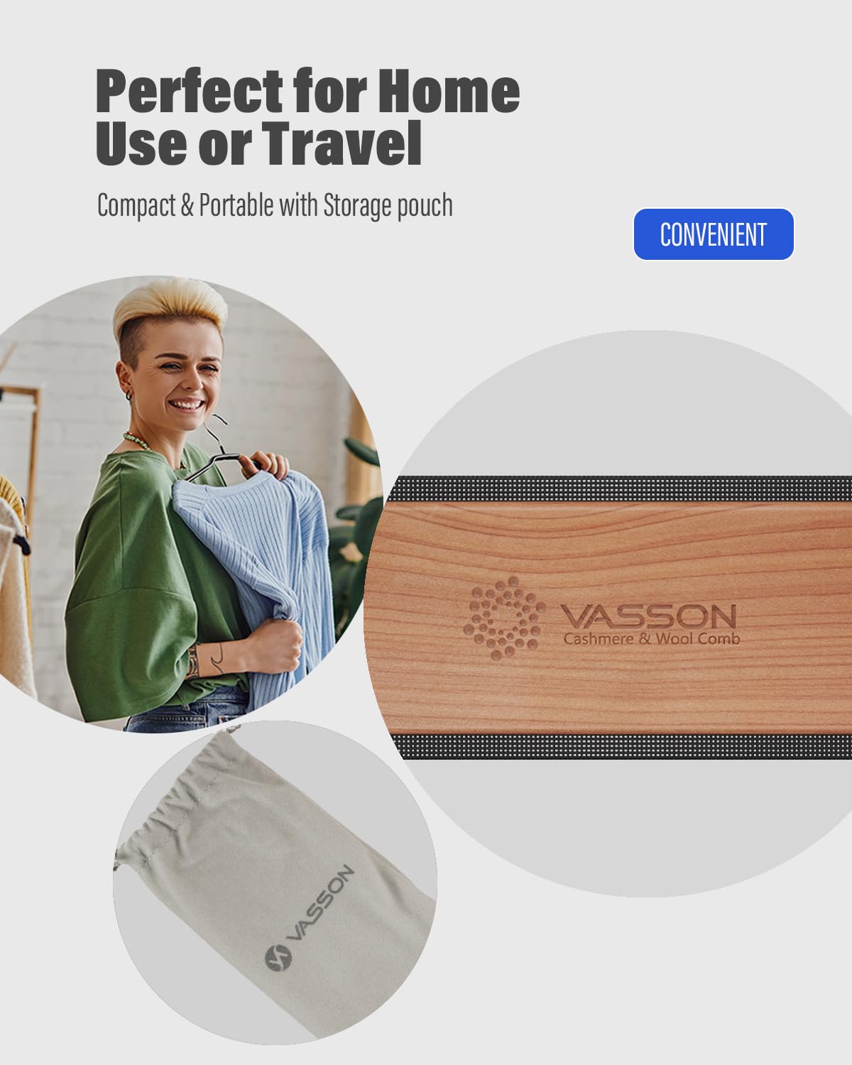 VASSON Cashmere Comb red-pine-wood construction emphasizes durable fabric care.