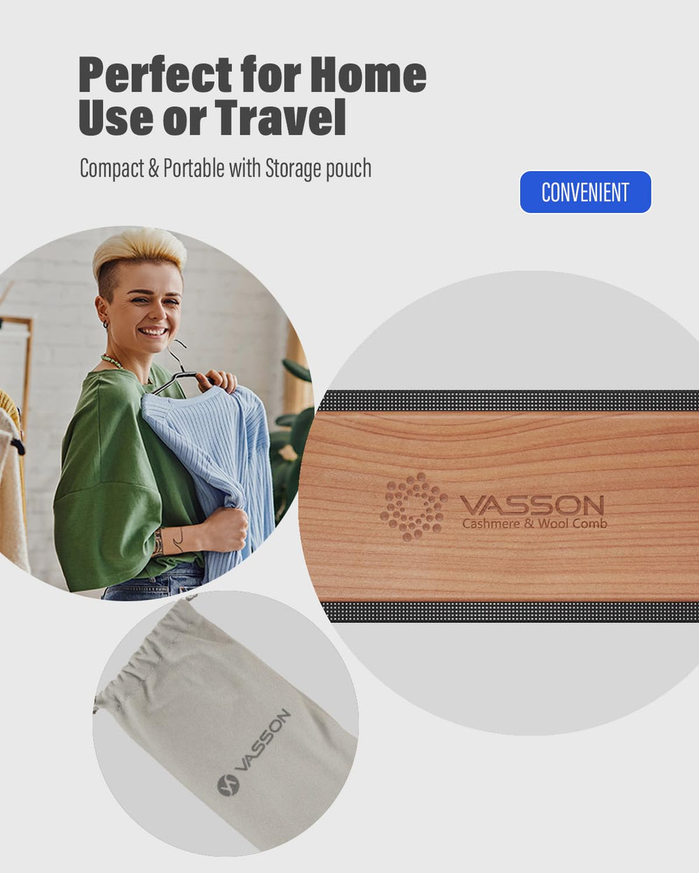 VASSON Cashmere Comb red-pine-wood construction emphasizes durable fabric care.