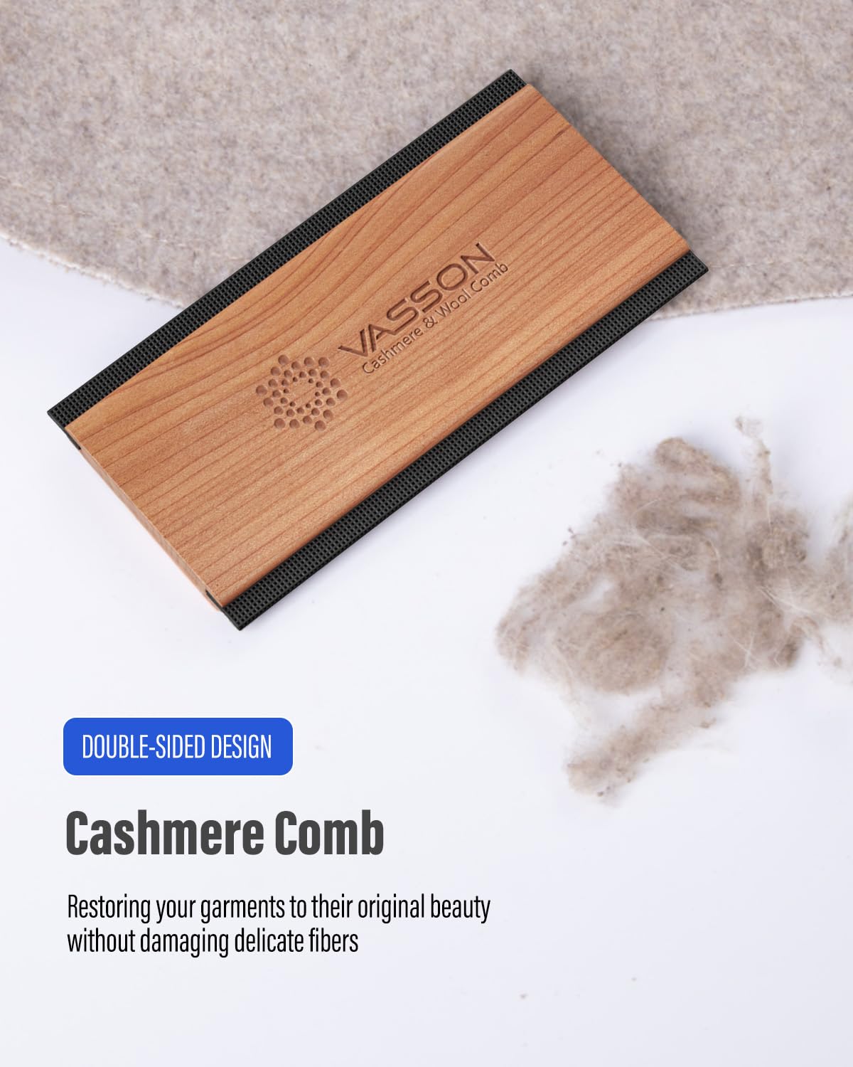 VASSON Sweater Comb double-edge highlights versatile cleaning for thick and fine fabrics.
