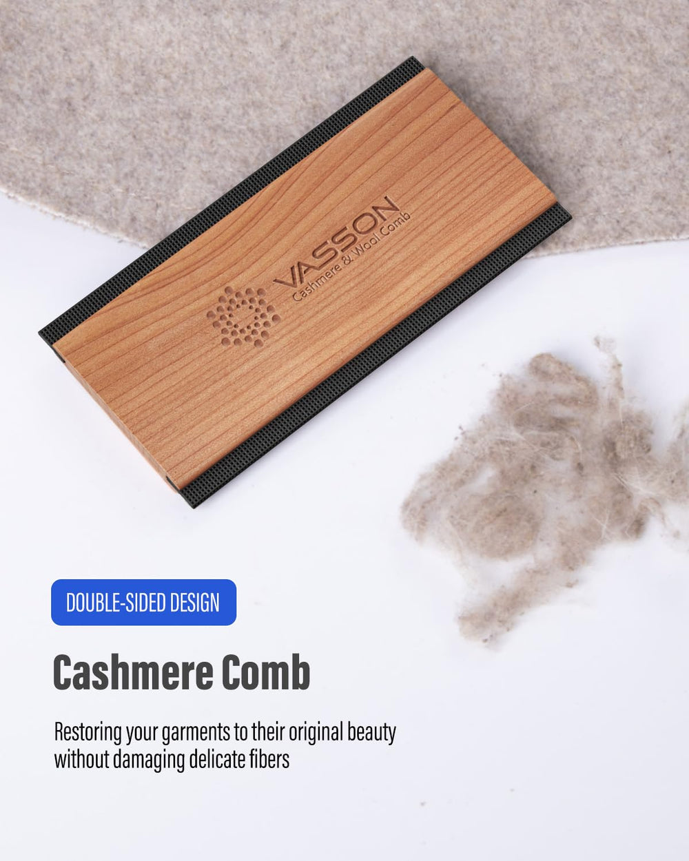 VASSON Sweater Comb double-edge highlights versatile cleaning for thick and fine fabrics.
