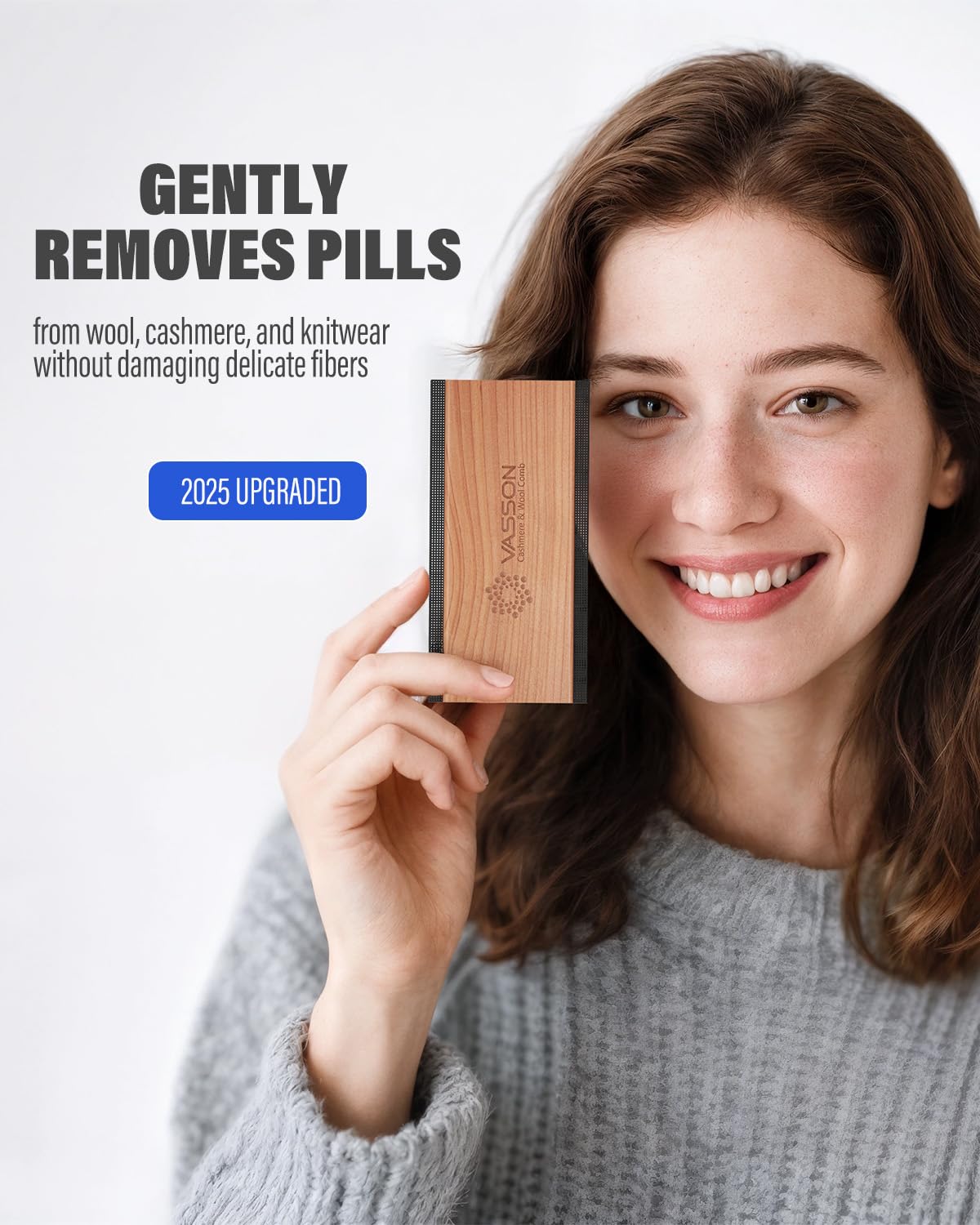 VASSON Sweater Comb pills-removal demonstrates gentle grooming for wool and cashmere.