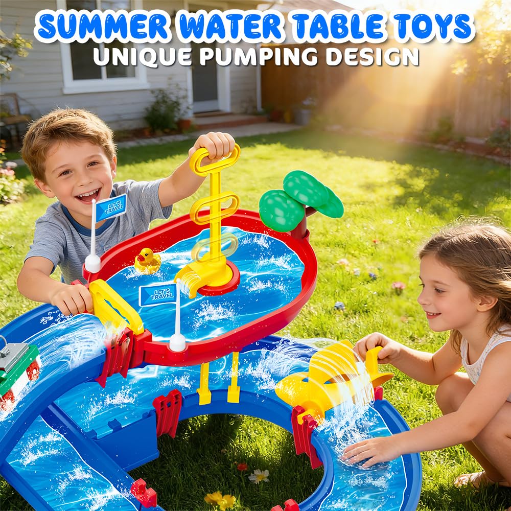VATOS water table pump action shows water moving between tiers during play.