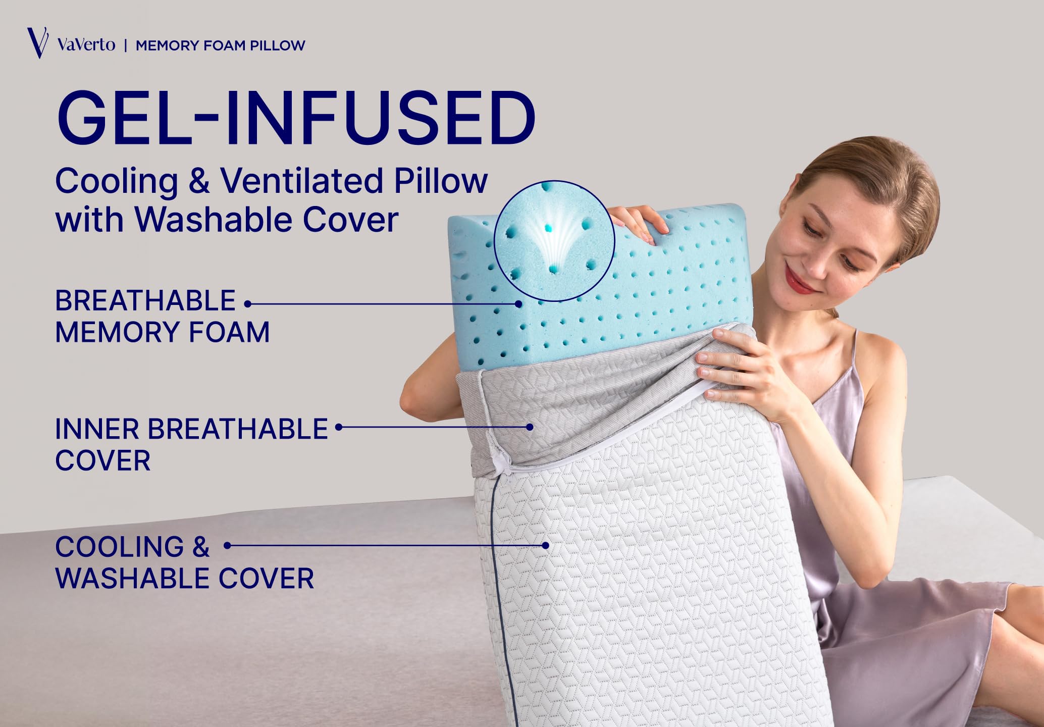 Vaverto pillow side profile highlights orthopedic alignment to reduce neck tension.