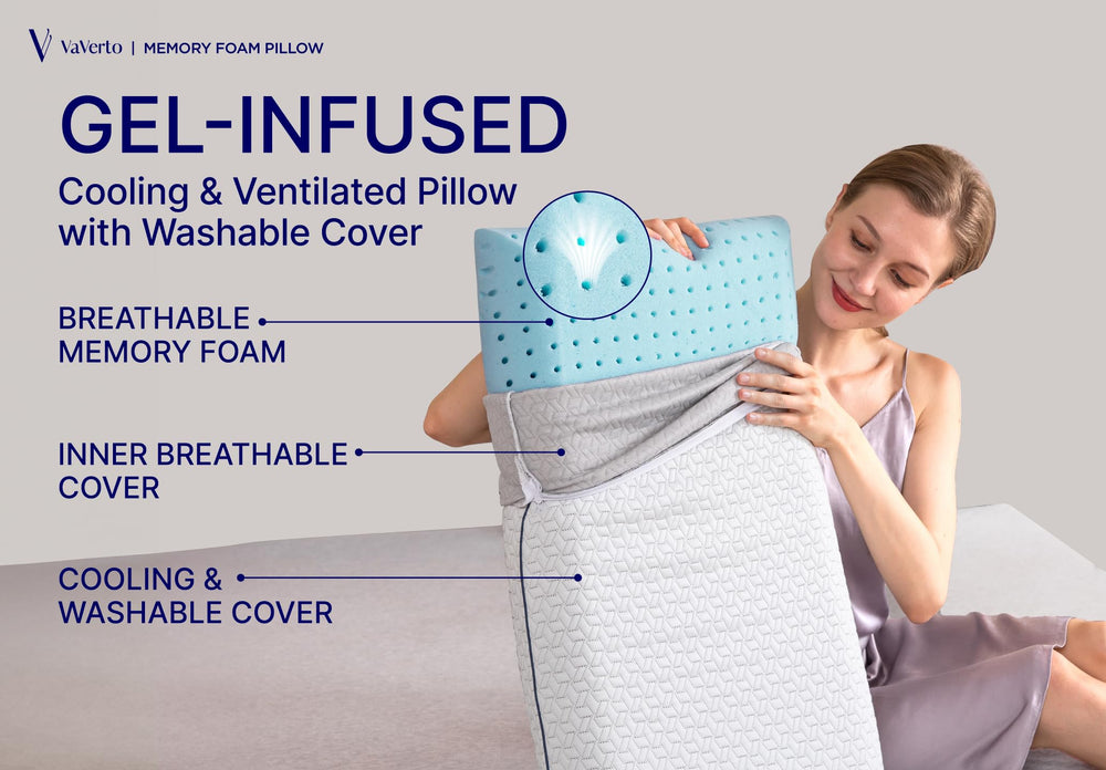 Vaverto pillow side profile highlights orthopedic alignment to reduce neck tension.