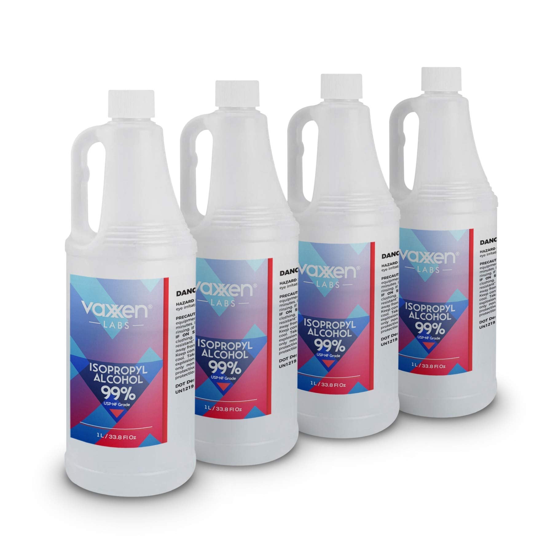 Vaxxen Labs Isopropyl Alcohol 99% label close-up highlighting USP-NF quality.