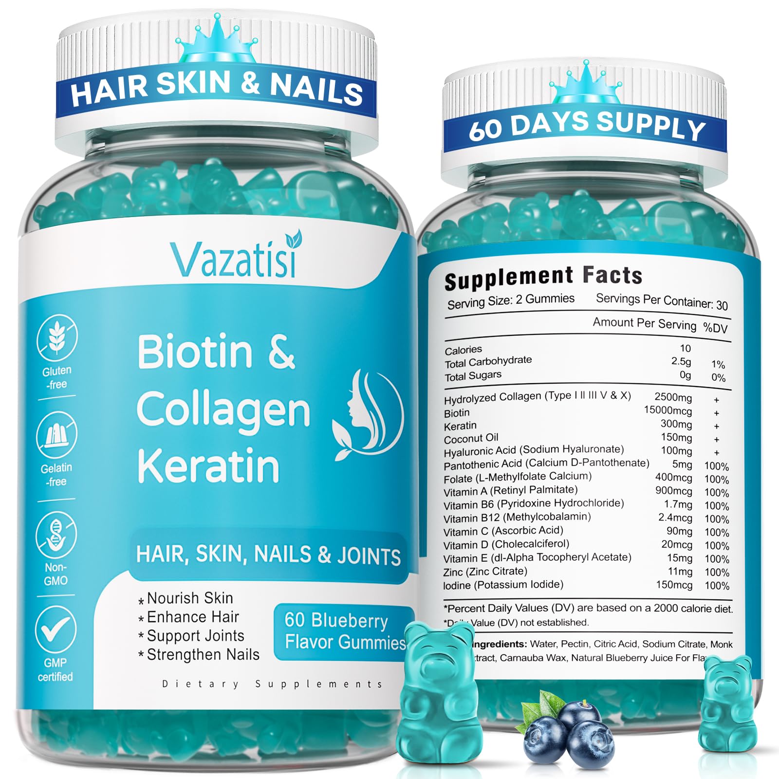 Vazatisi biotin gummies bottle close-up highlighting collagen-keratin blend for daily beauty