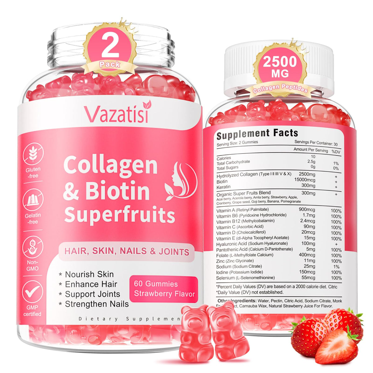 Vazatisi collagen gummies strawberry bottle for daily skin and hair support