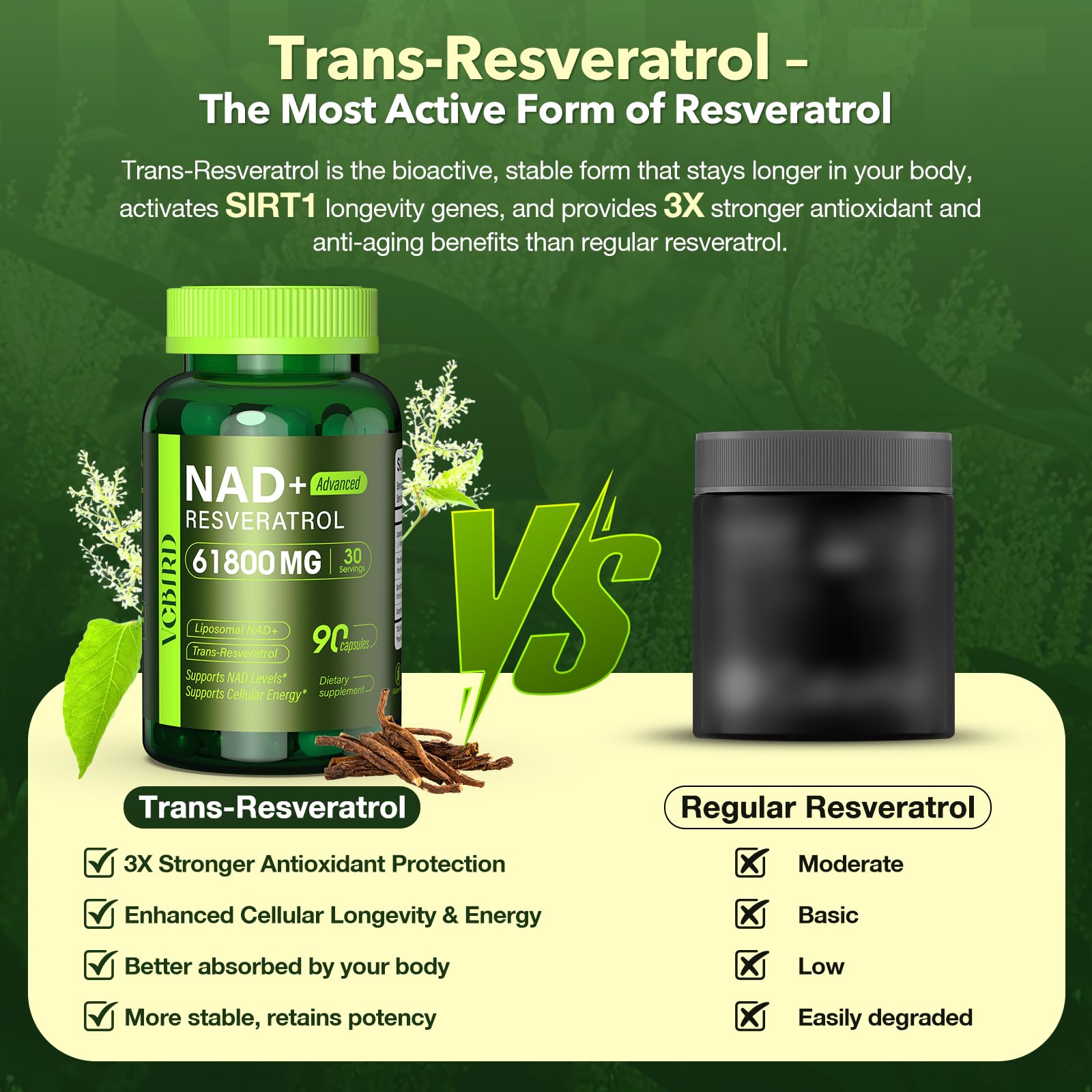 VCBIRD CoQ10 included with NAD Resveratrol for cellular energy.