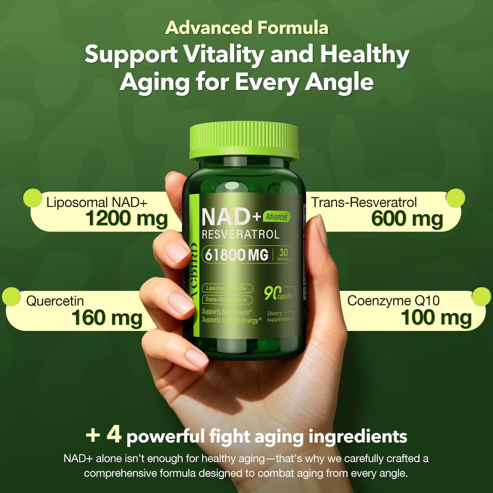 VCBIRD Liposomal NAD capsules closeup emphasizes advanced absorption.