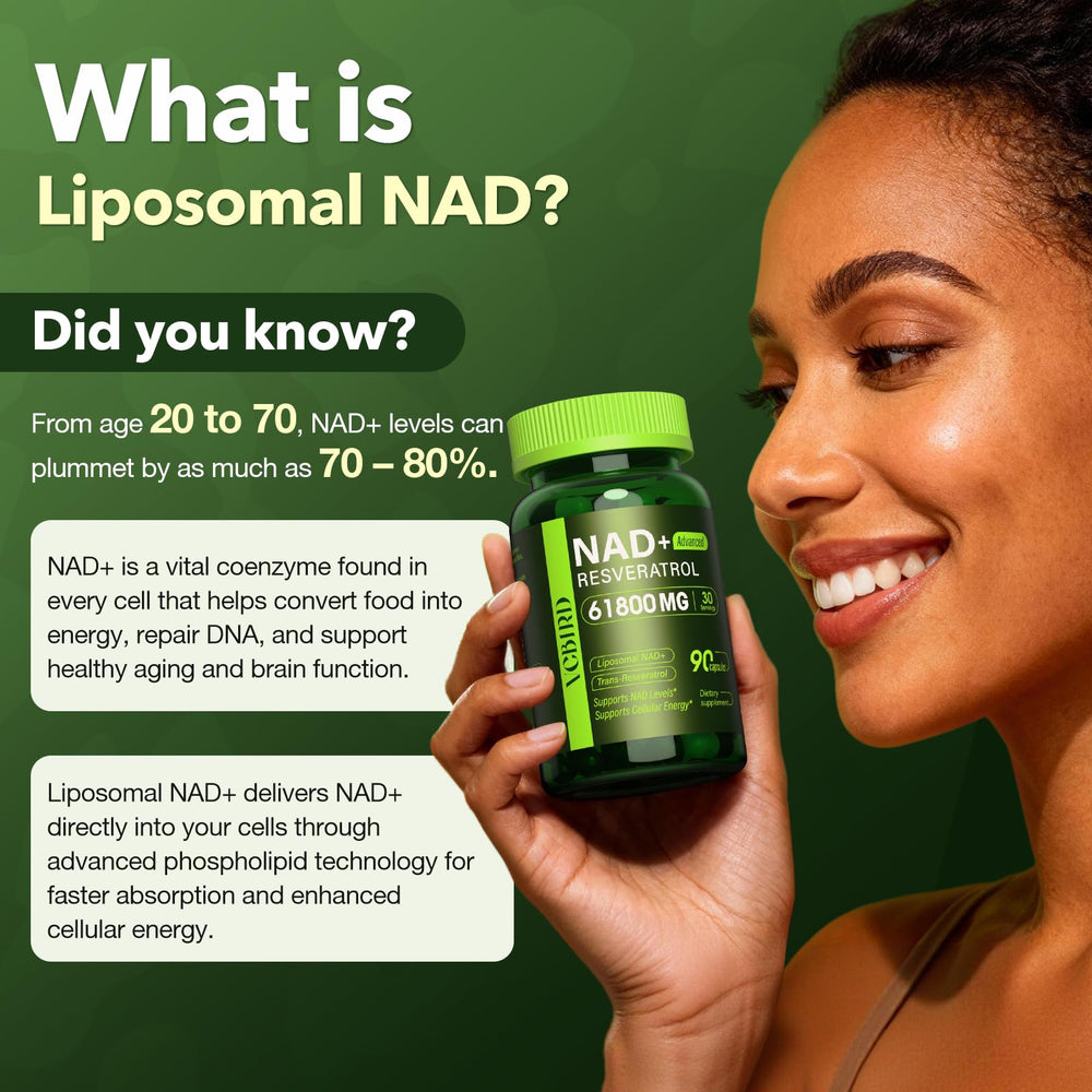 VCBIRD Nad Resveratrol bottle label highlights ingredients for vitality.
