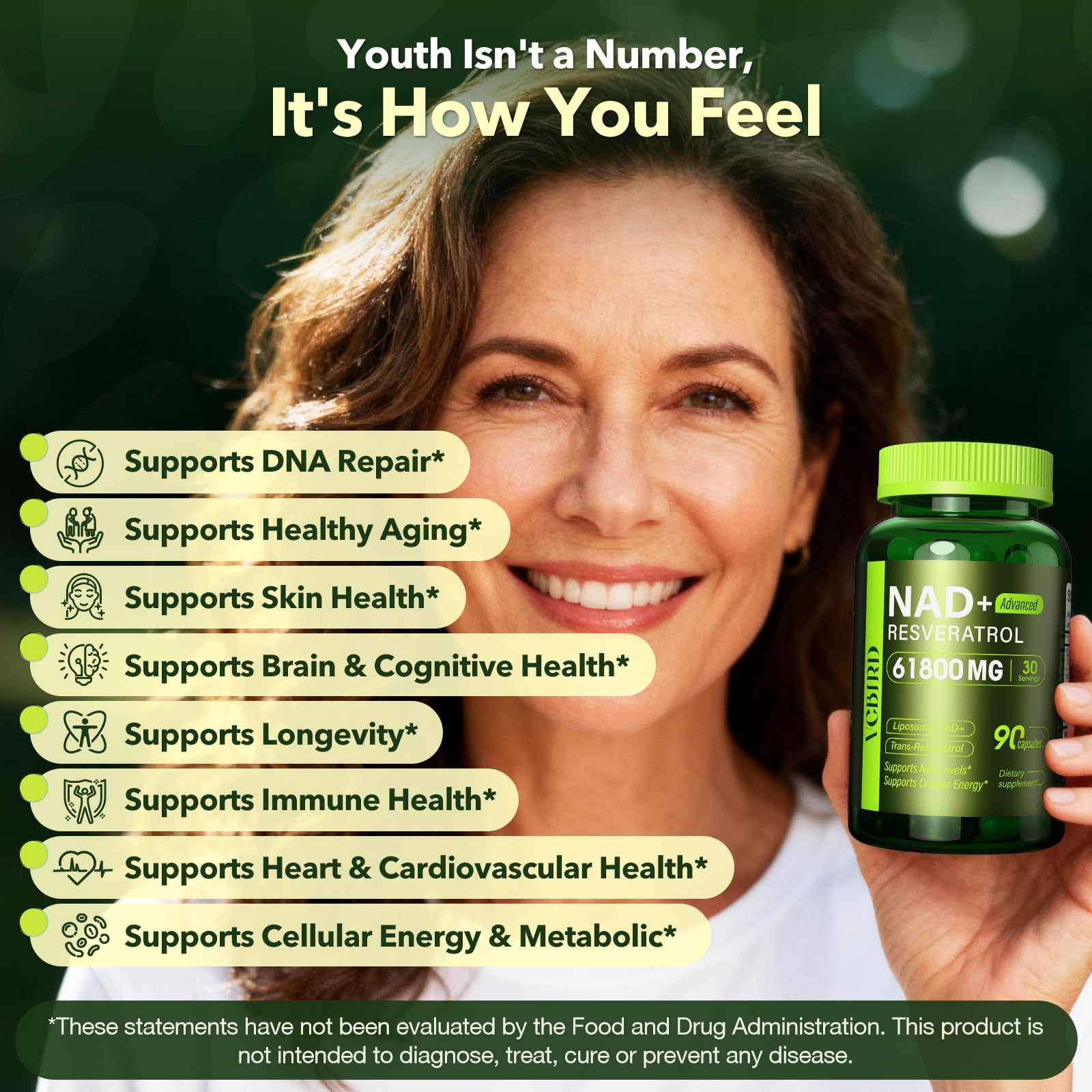 VCBIRD Nad Resveratrol bottle on textured surface signaling premium health.
