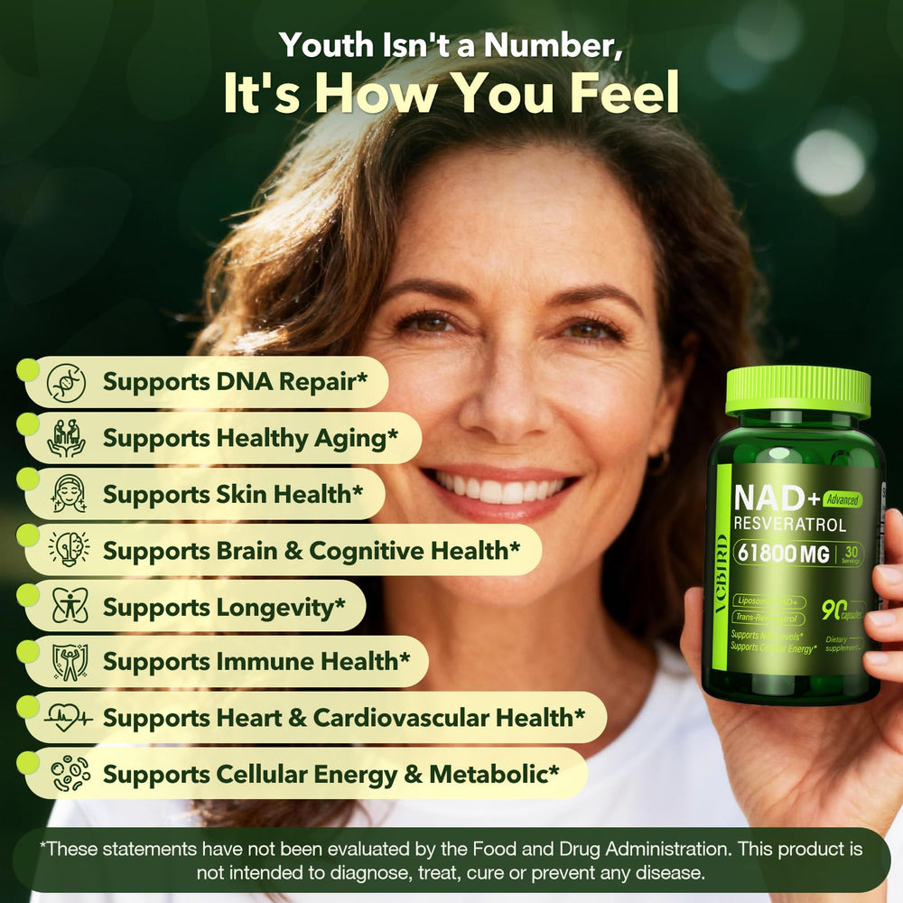 VCBIRD Nad Resveratrol bottle on textured surface signaling premium health.