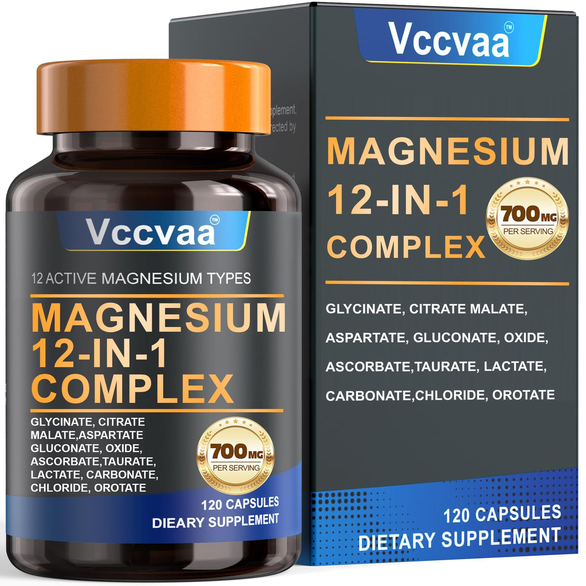 Vccvaa Magnesium Complex bottle front view showing 12 forms for daily wellness support