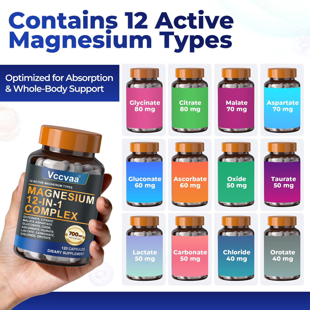 Vccvaa Magnesium Complex bottle label highlighting vegan, non-GMO formula and 120 capsules