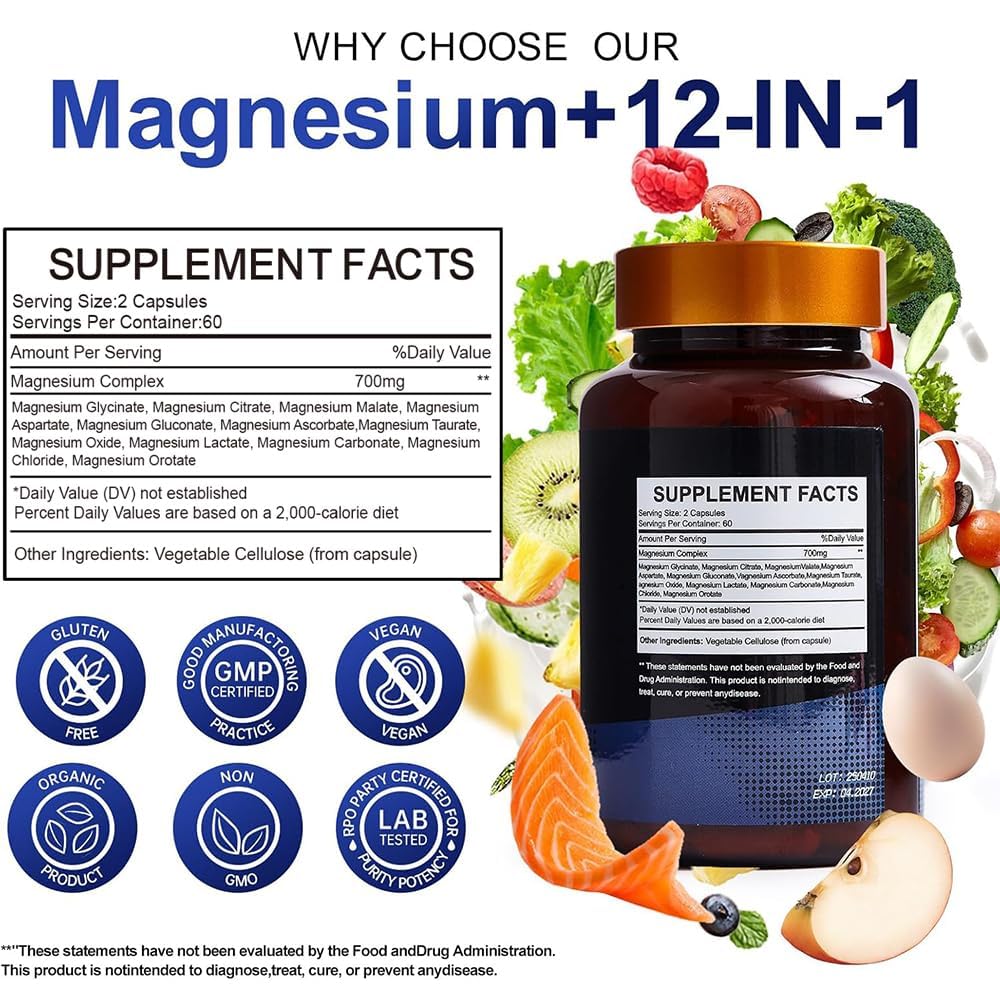 Vccvaa Magnesium Complex capsules close-up showing 12 forms for broad absorption