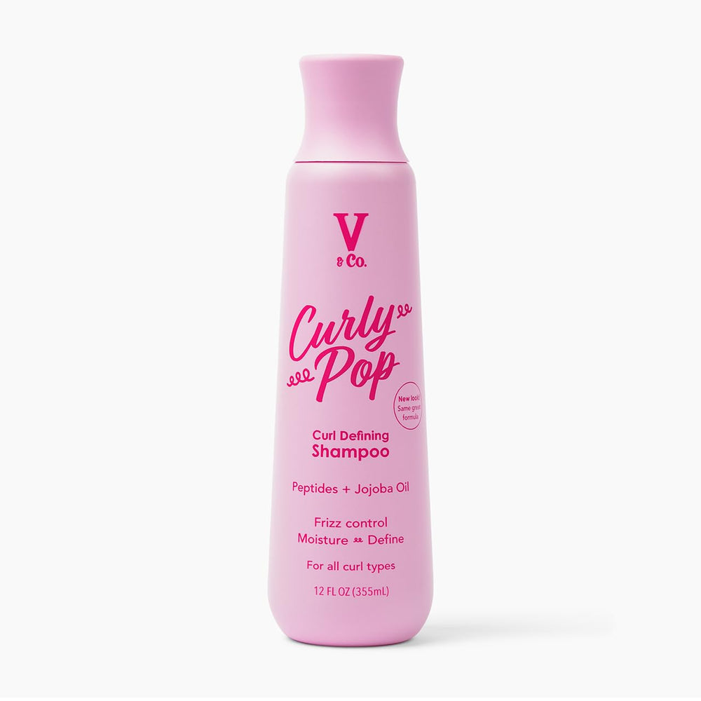 V&CO Curly Pop bottle front highlighting moisture-rich curl definition.
