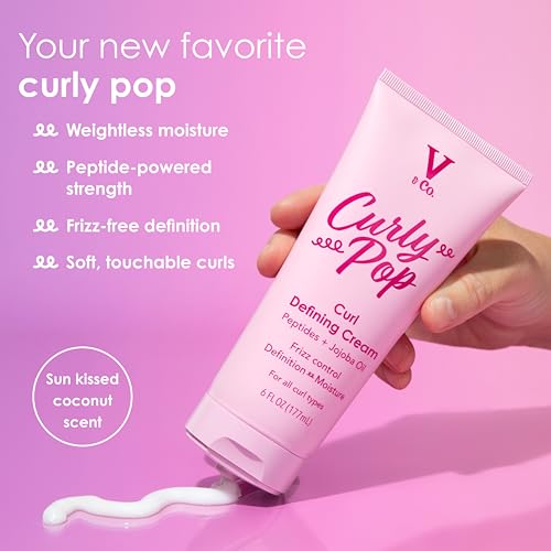 V&CO Curly Pop curls before photo emphasizes frizz-prone hair smooth with anti-frizz formula.